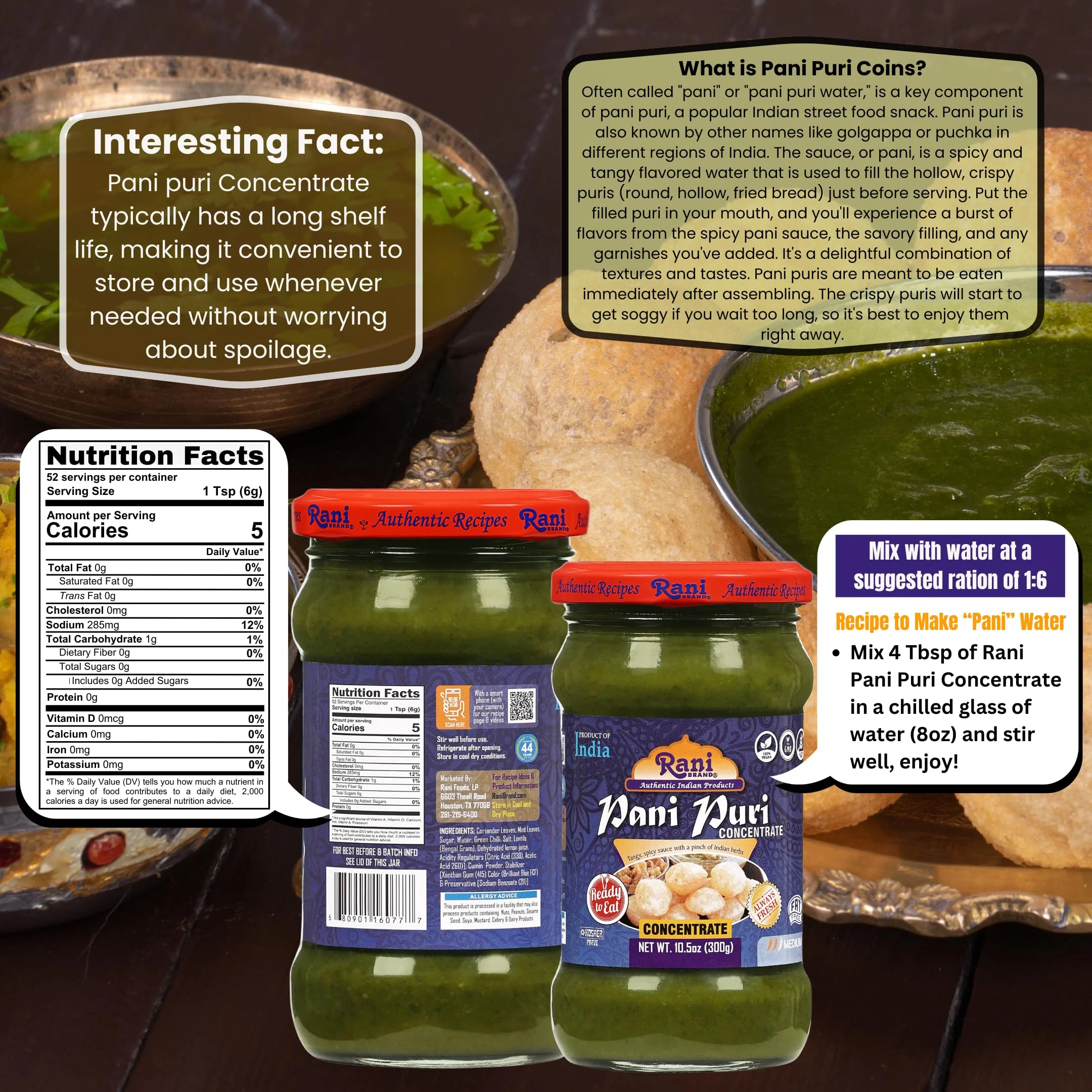 Rani Pani Puri Concentrate (Sweet & Spicy to Make Pani Water / Spicy Water) 10.5oz (300g) Glass Jar, Ready to Eat ~ Vegan | Gluten Free | NON-GMO | Kosher - Image 3