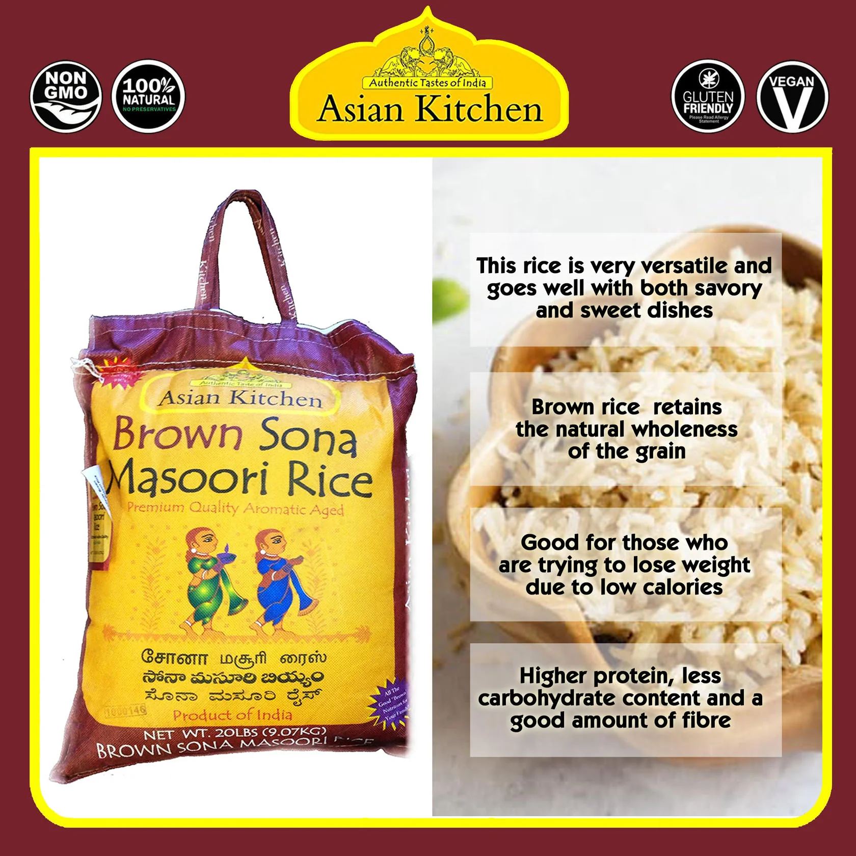 Asian Kitchen Brown Sona Masoori Aged Rice 4lbs (1.81kg) Short Grain Rice ~ All Natural | Gluten Friendly | Vegan | Indian Origin | Export Quality - Image 9
