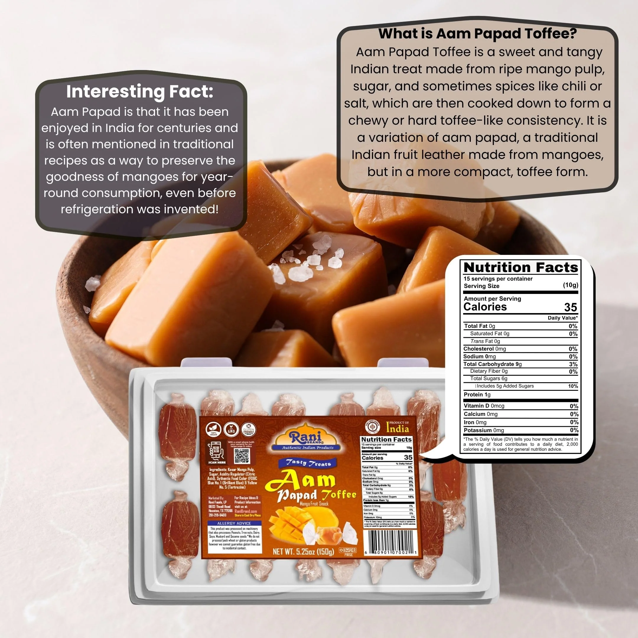 Rani Aam (Mango Fruit Snack) Toffee Candy Treat, 5.25oz (150g), Individually Wrapped in Candy Box ~ All Natural | Vegan | Gluten Friendly | Kosher | Indian Origin & Taste - Image 3