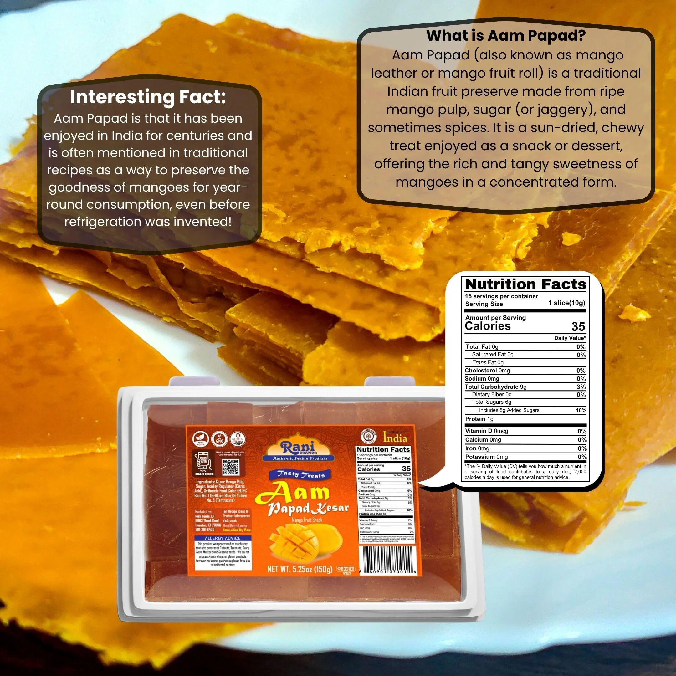 Rani Aam Papad (Mango Fruit Snack) 5.25oz (150g) ~ All Natural | Vegan | Gluten Friendly | Kosher | Indian Origin & Taste - Image 3