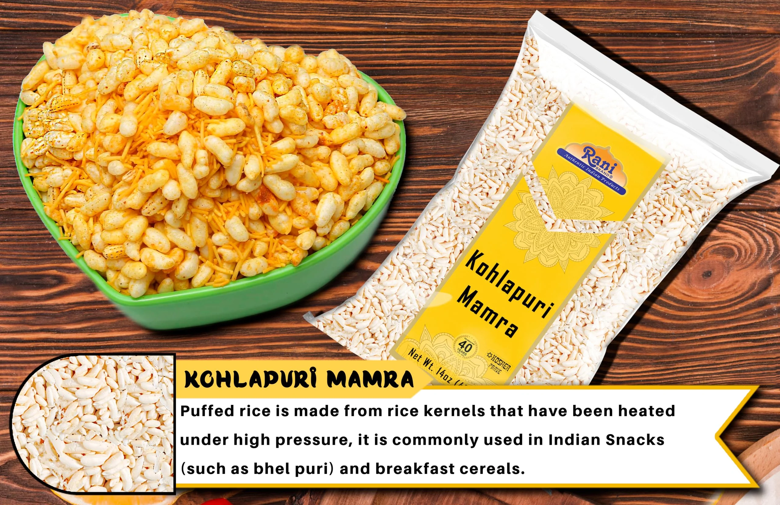 Rani Kohlapuri Mamra (Puffed Rice) 14oz (400g) ~ All Natural, Indian Origin | No Color | Gluten Friendly | Vegan | NON-GMO | Kosher | No Salt or fillers - Image 6