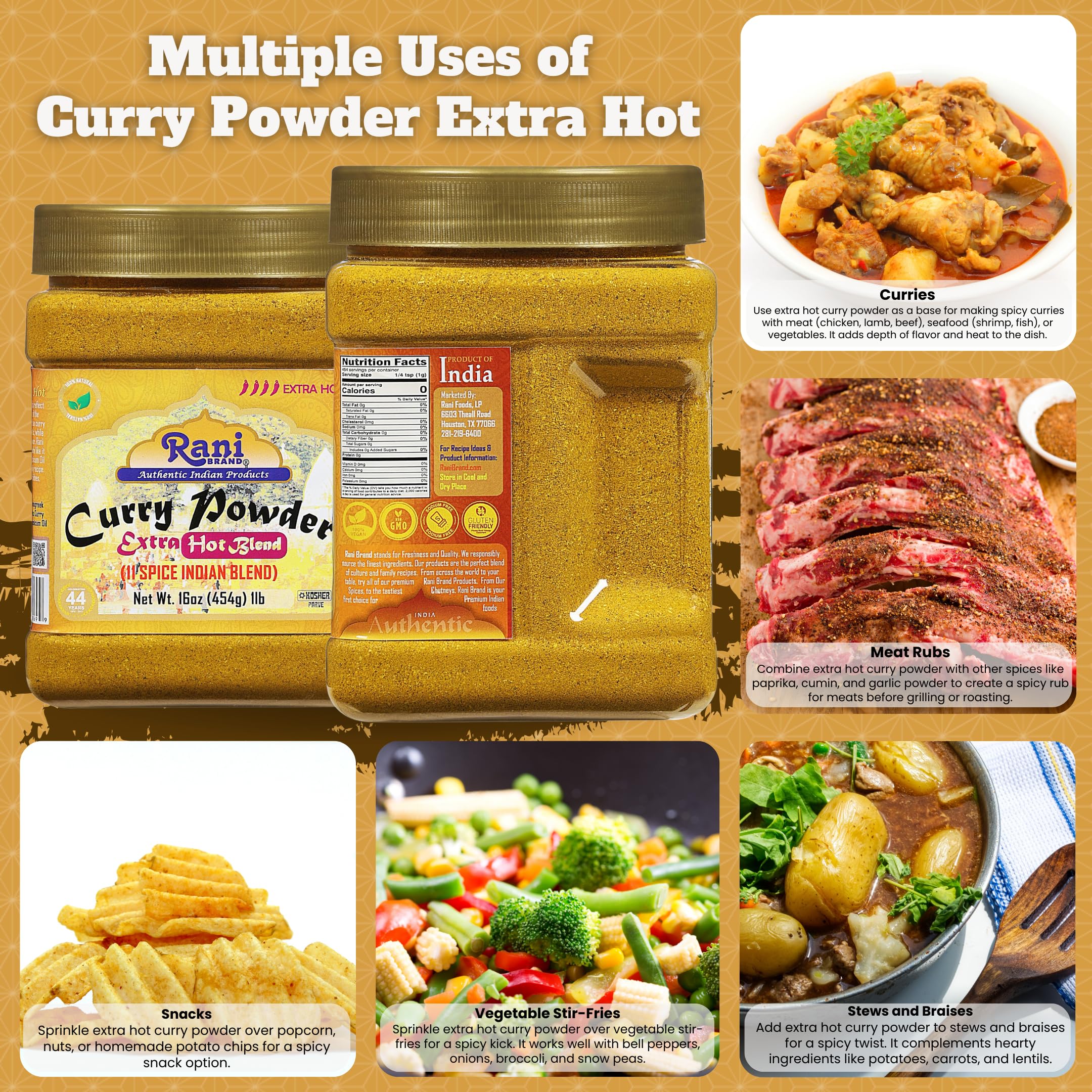 Rani Curry Powder EXTRA HOT Natural 11-Spice Blend 16oz (1lbs) 454g PET Jar ~ Salt Free | Vegan | Gluten Friendly | NON-GMO | Kosher | Indian Origin - Image 3
