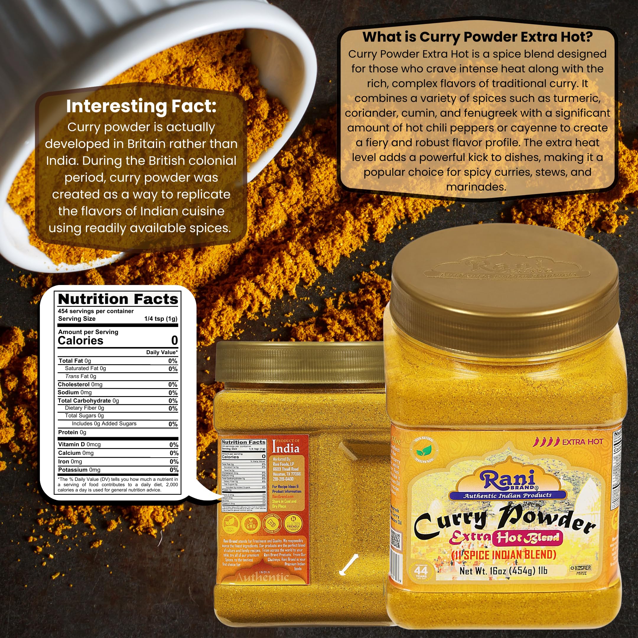 Rani Curry Powder EXTRA HOT Natural 11-Spice Blend 16oz (1lbs) 454g PET Jar ~ Salt Free | Vegan | Gluten Friendly | NON-GMO | Kosher | Indian Origin - Image 4