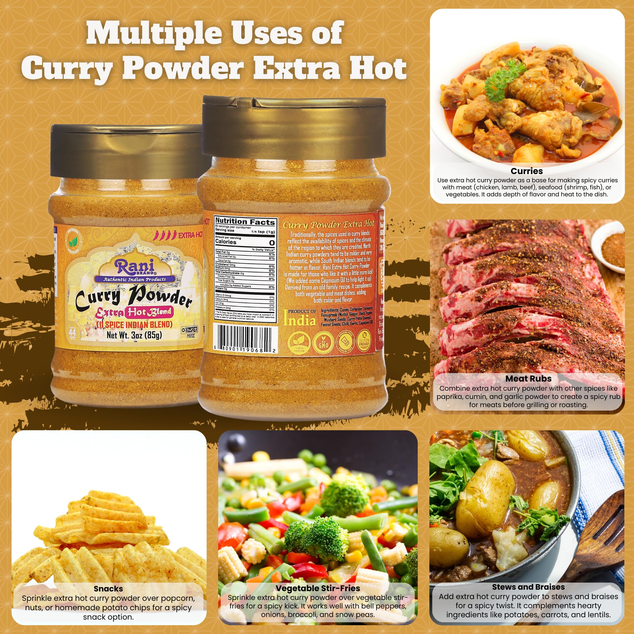 Rani Curry Powder EXTRA HOT Natural 11-Spice Blend 3oz (85g) PET Jar ~ Salt Free | Vegan | Gluten Friendly | NON-GMO | Kosher | Indian Origin - Image 3
