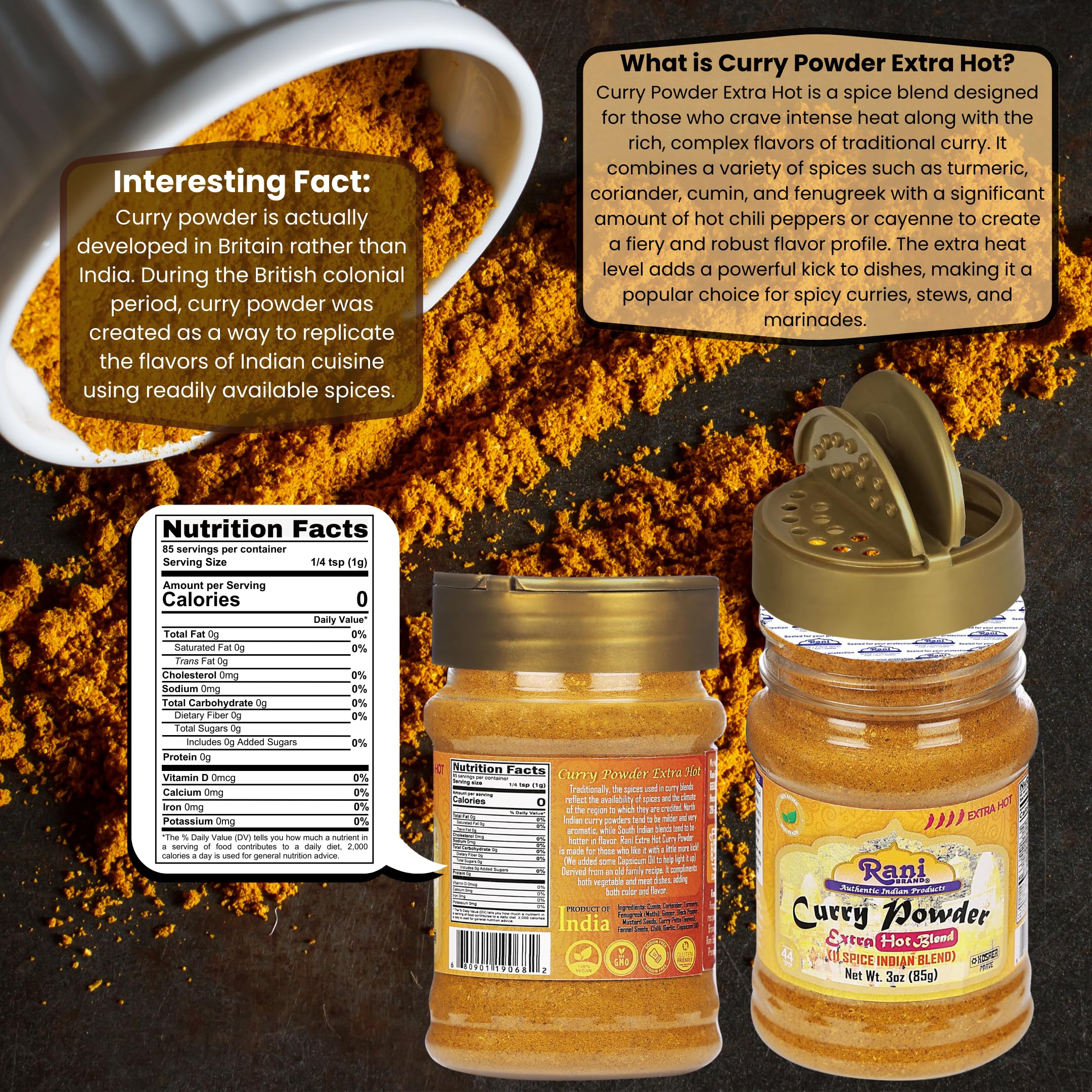 Rani Curry Powder EXTRA HOT Natural 11-Spice Blend 3oz (85g) PET Jar ~ Salt Free | Vegan | Gluten Friendly | NON-GMO | Kosher | Indian Origin - Image 4