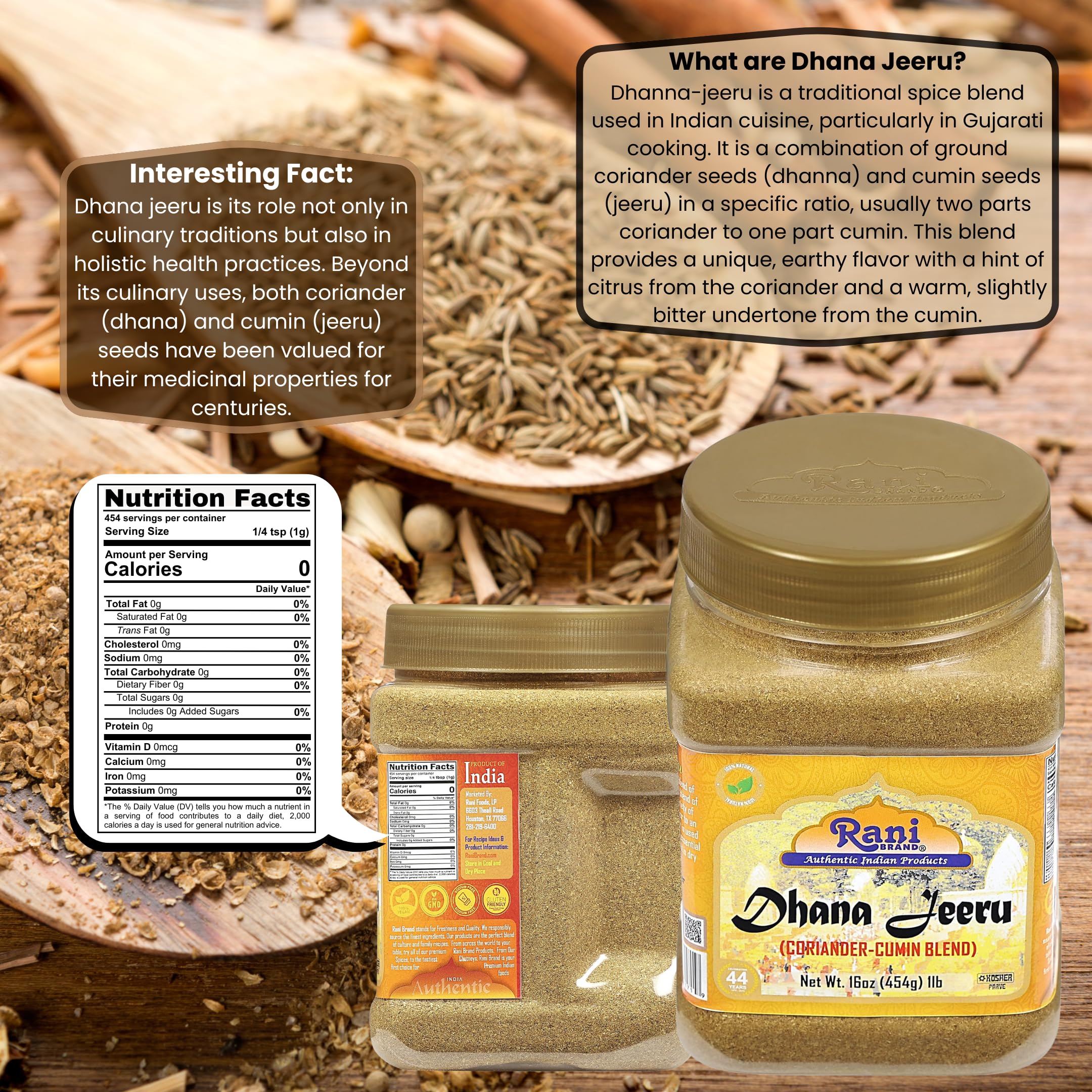 Rani Dhana-Jeeru (Coriander-Cumin Blend 50-50) Powder 16oz (1lb) 454g PET Jar ~ All Natural | Salt Free | Vegan | Gluten Friendly | NON-GMO | Kosher | Indian Origin - Image 3