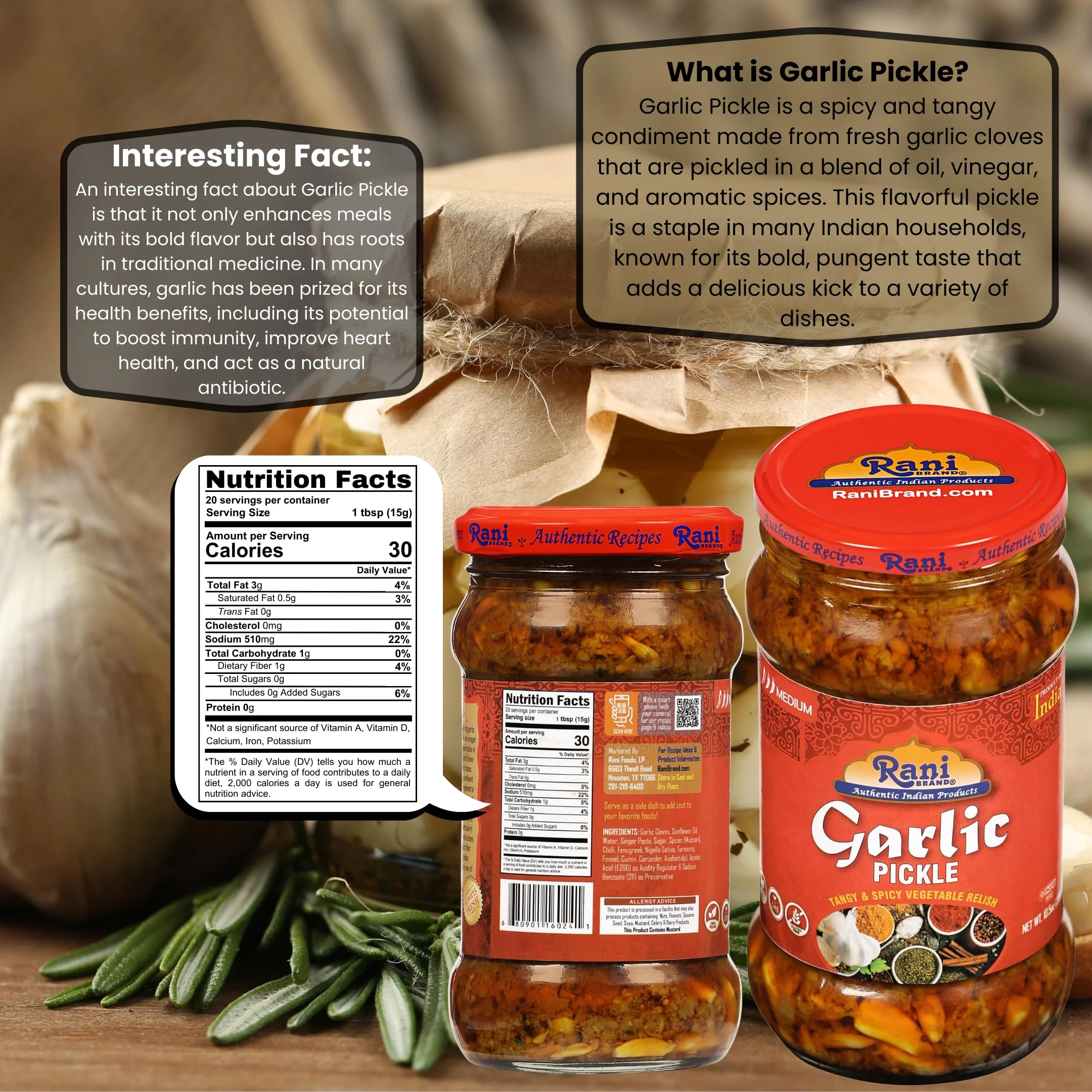 Rani Garlic Pickle Mild (Achar, Spicy Indian Relish) 10.5oz (300g) ~ Glass Jar, All Natural | Vegan | Gluten Free | NON-GMO | Kosher | No Color | Indian Origin - Image 3