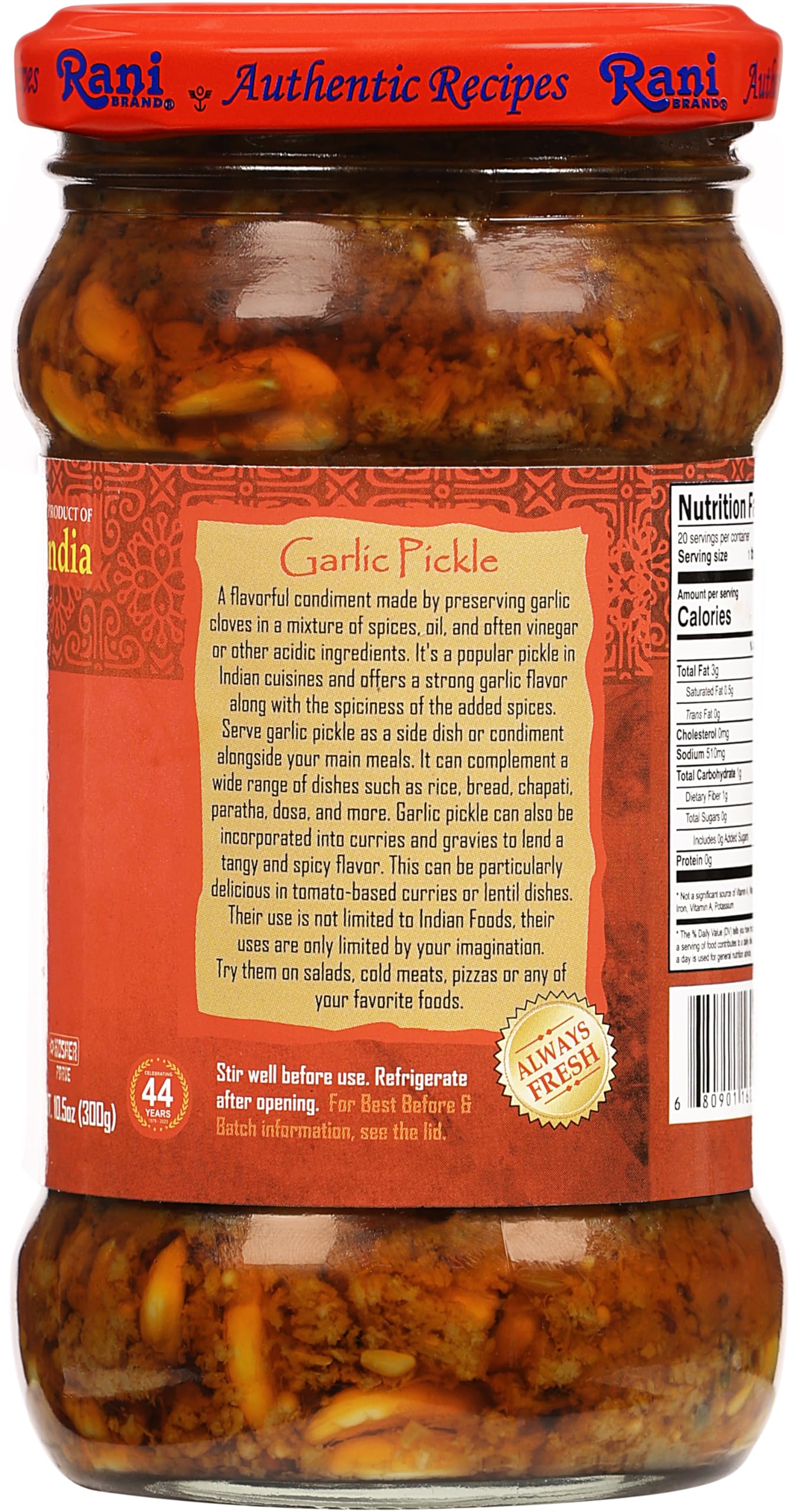 Rani Garlic Pickle Mild (Achar, Spicy Indian Relish) 10.5oz (300g) ~ Glass Jar, All Natural | Vegan | Gluten Free | NON-GMO | Kosher | No Color | Indian Origin - Image 8