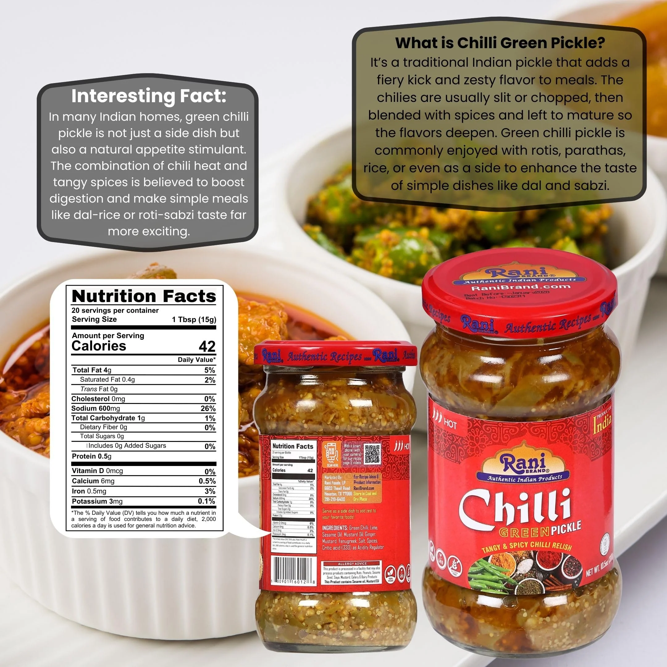 Rani Green Chilli Pickle Hot (Achar, Spicy Indian Relish) 10.5oz (300g)  ~ Glass Jar, Natural | Vegan | Gluten Free | NON-GMO | Kosher | No Colors - Image 3