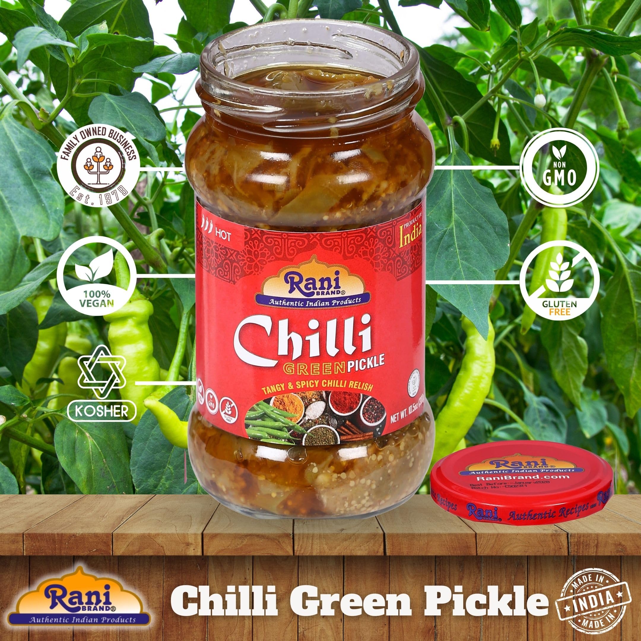 Rani Green Chilli Pickle Hot (Achar, Spicy Indian Relish) 10.5oz (300g)  ~ Glass Jar, Natural | Vegan | Gluten Free | NON-GMO | Kosher | No Colors - Image 4