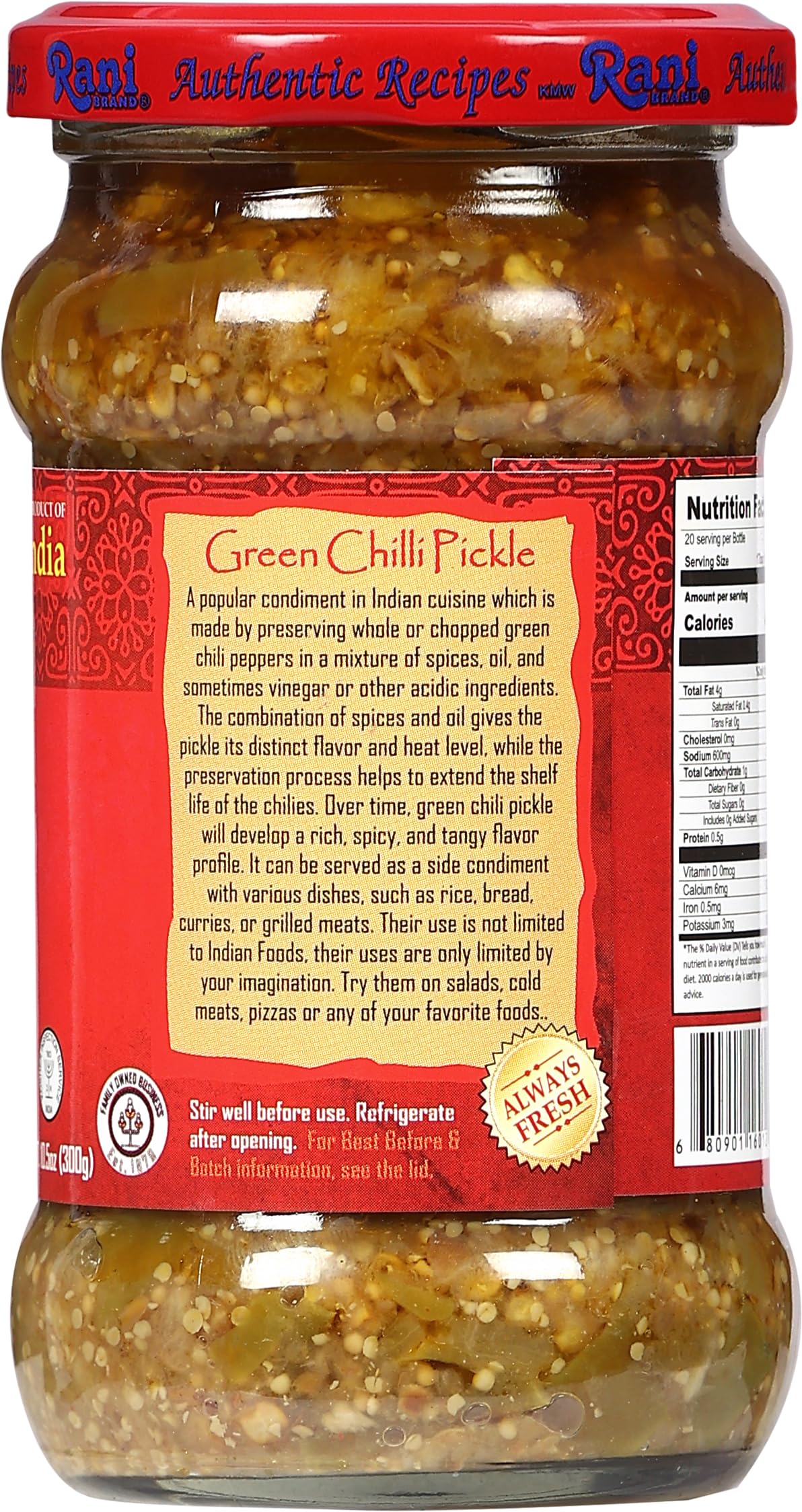 Rani Green Chilli Pickle Hot (Achar, Spicy Indian Relish) 10.5oz (300g)  ~ Glass Jar, Natural | Vegan | Gluten Free | NON-GMO | Kosher | No Colors - Image 7