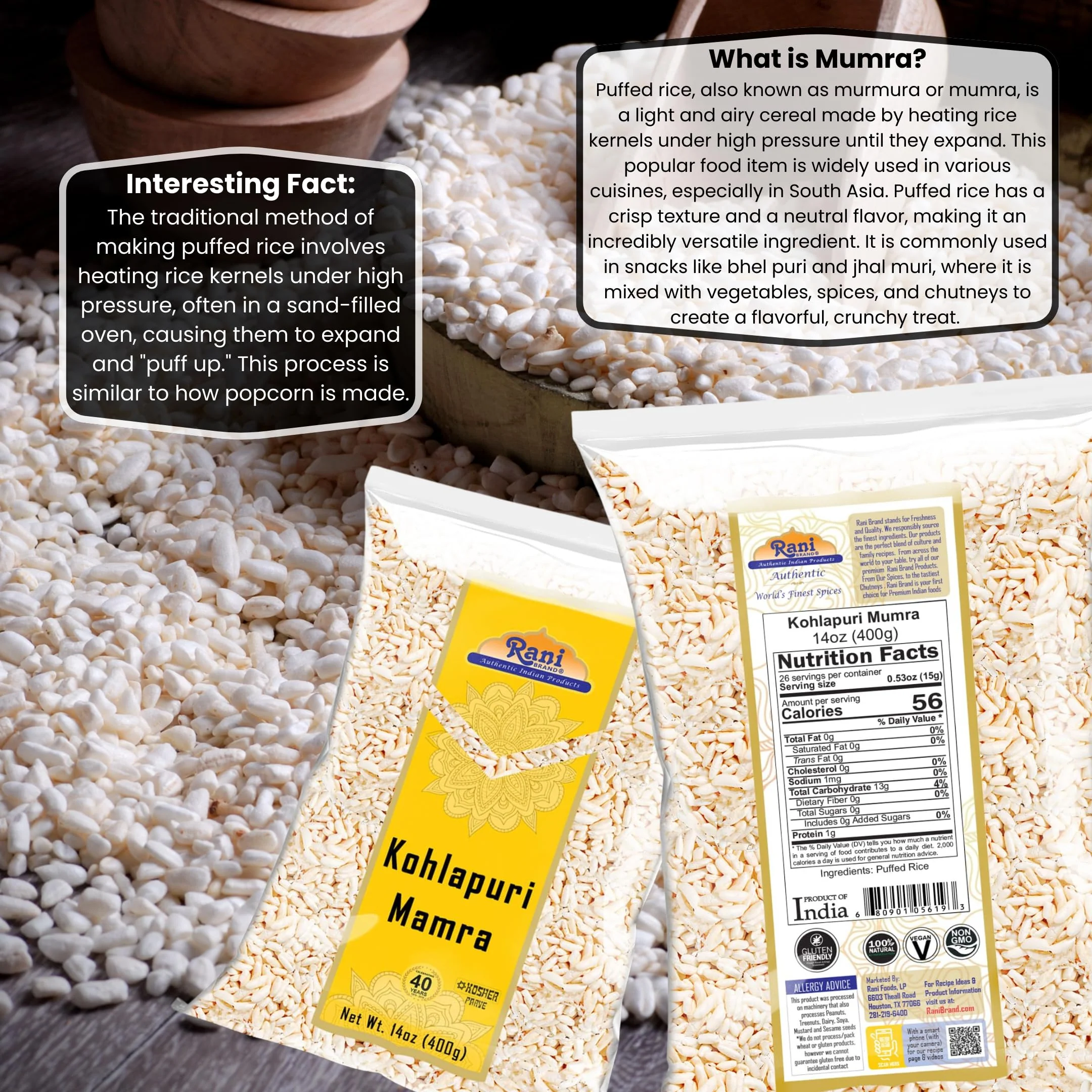 Rani Kohlapuri Mamra (Puffed Rice) 14oz (400g) ~ All Natural, Indian Origin | No Color | Gluten Friendly | Vegan | NON-GMO | Kosher | No Salt or fillers - Image 3