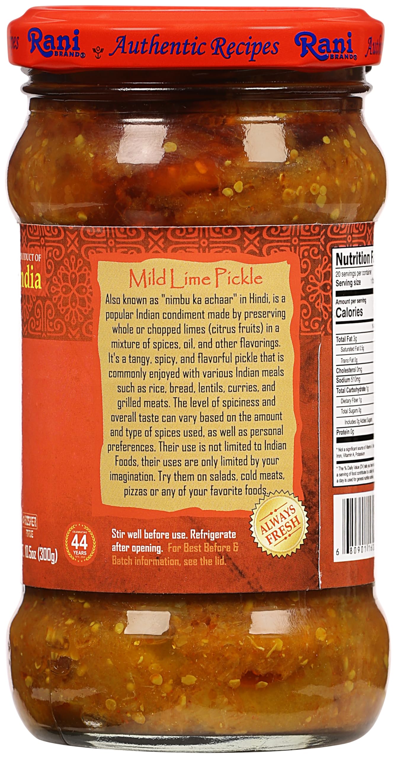 Rani Lime Pickle Mild (Achar, Spicy Indian Relish) 10.5oz (300g) ~ Glass Jar, All Natural | Vegan | Gluten Friendly | NON-GMO | Kosher | No Colors - Image 5