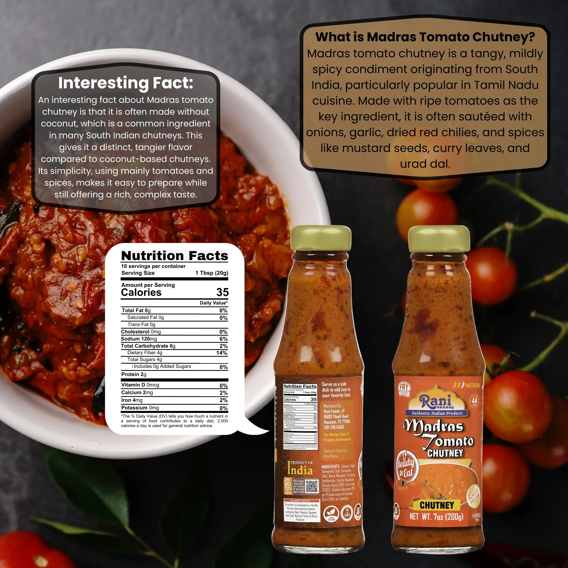 Rani Madras Tomato Chutney 7oz (200g) Glass Jar, Ready to eat, Vegan ~ Gluten Free | NON-GMO | Kosher | No Colors | Indian Origin - Image 3