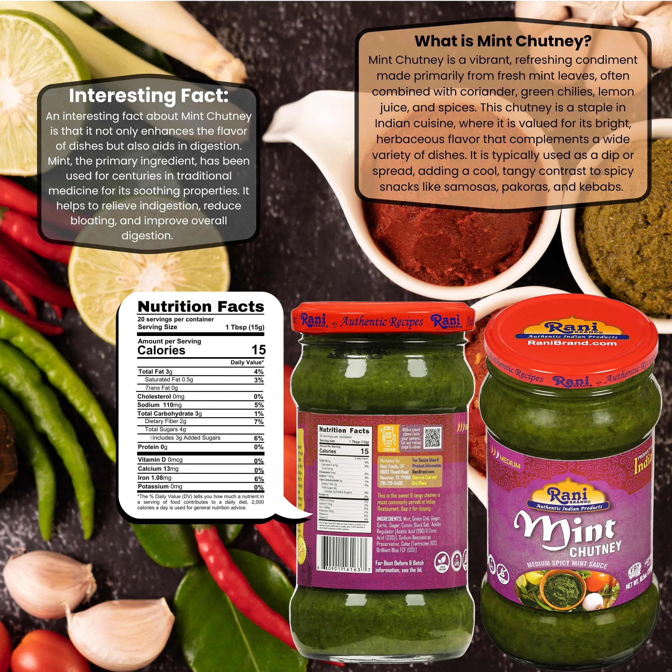 Rani Mint Chutney (Podina) 10.5oz (300g) Glass Jar, Ready to Eat ~ Vegan | Gluten Free | NON-GMO | Kosher | No Colors | Indian Origin - Image 3