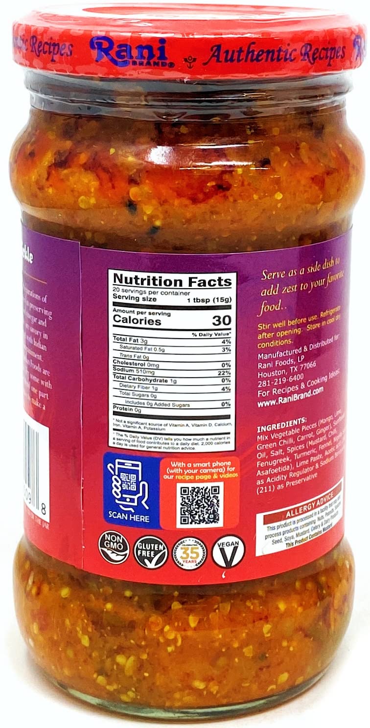 Rani Mixed Vegetable Pickle (Achar, Spicy Indian Relish) 10.5oz (300g) Glass Jar ~ Vegan | Gluten Free | NON-GMO | No Colors | Popular Indian Condiment, Indian Origin - Image 3