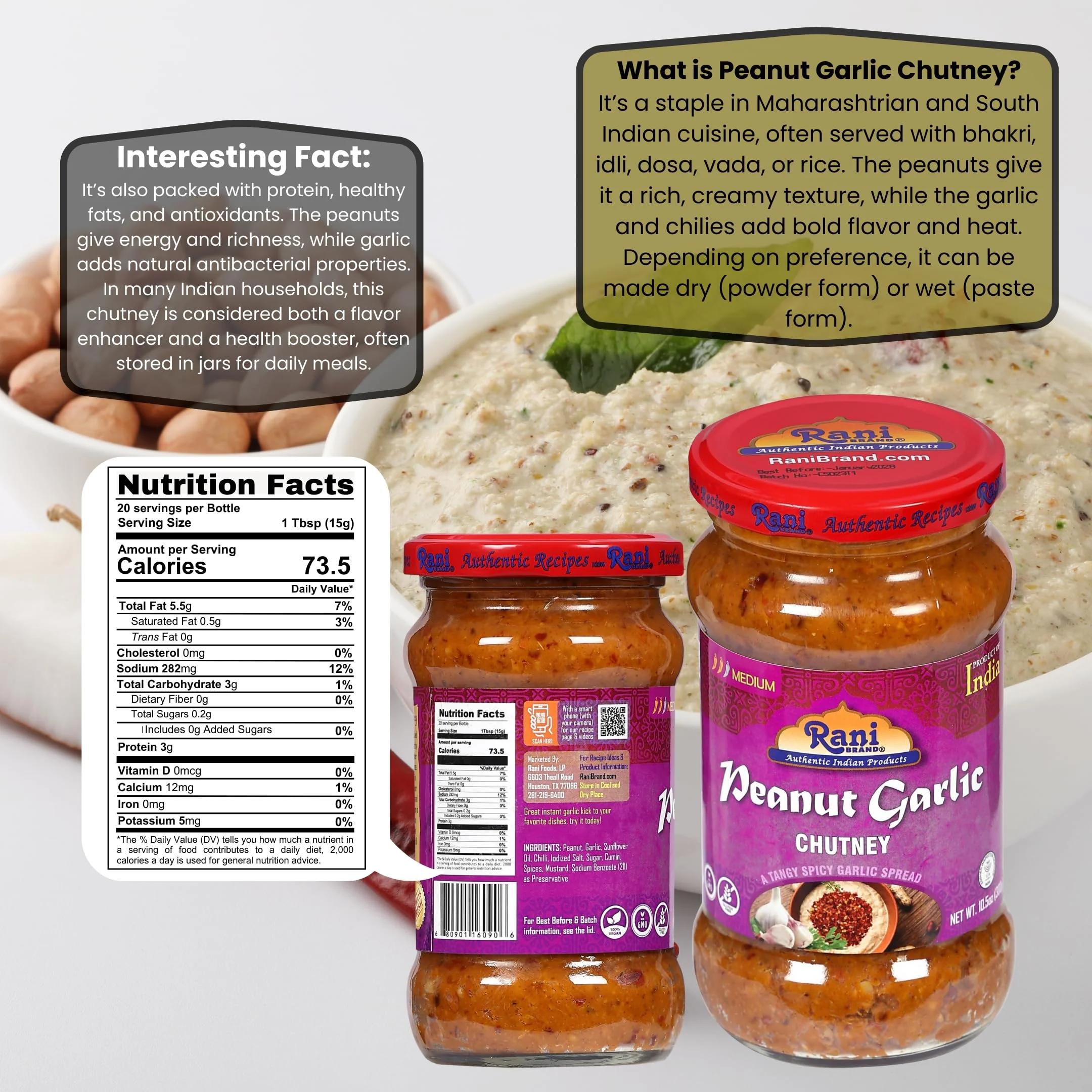Rani Peanut Garlic Chutney Glass Jar, Ready to eat 10.5oz (300g) Vegan ~ Gluten Free | NON-GMO | Kosher | No Colors | Indian Origin - Image 3