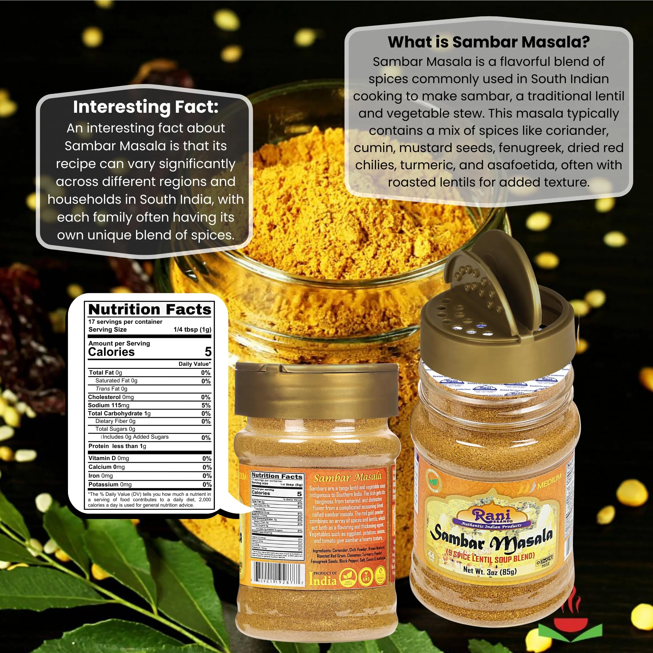 Rani Sambar Masala (Lentil Soup Spice Blend) 3oz (85g) PET Jar ~ Natural | Vegan | No Colors | Gluten Friendly | NON-GMO | Kosher | Indian Origin - Image 3