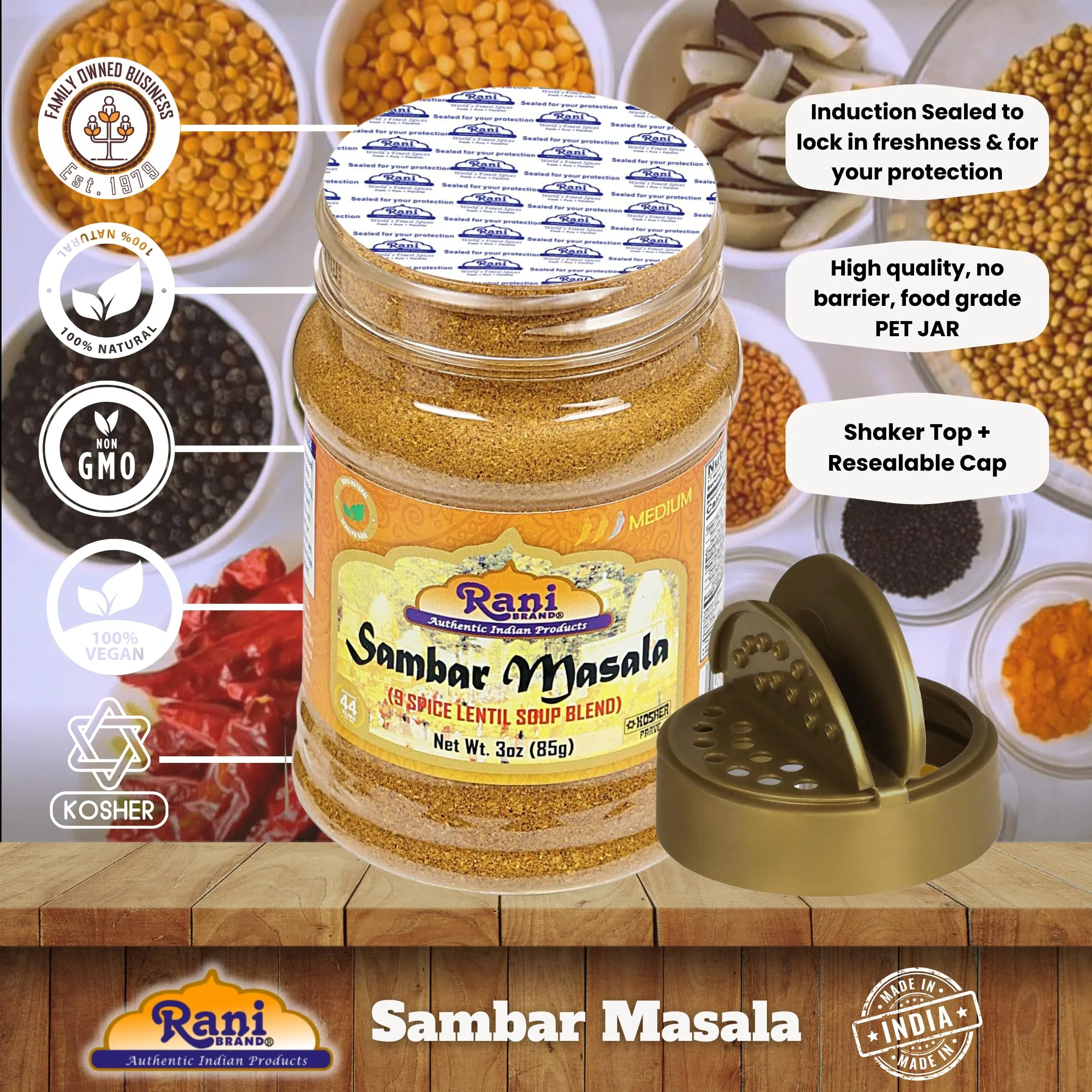 Rani Sambar Masala (Lentil Soup Spice Blend) 3oz (85g) PET Jar ~ Natural | Vegan | No Colors | Gluten Friendly | NON-GMO | Kosher | Indian Origin - Image 4