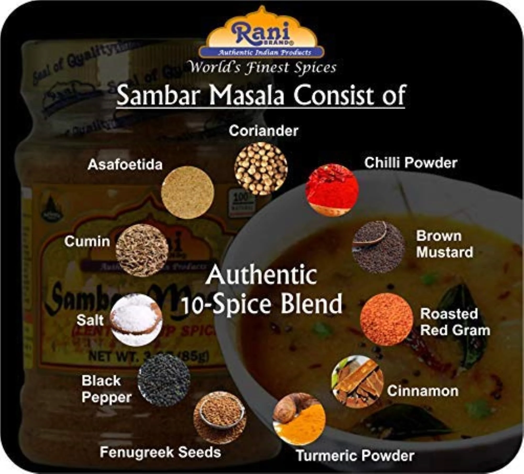 Rani Sambar Masala (Lentil Soup Spice Blend) 3oz (85g) PET Jar ~ Natural | Vegan | No Colors | Gluten Friendly | NON-GMO | Kosher | Indian Origin - Image 8
