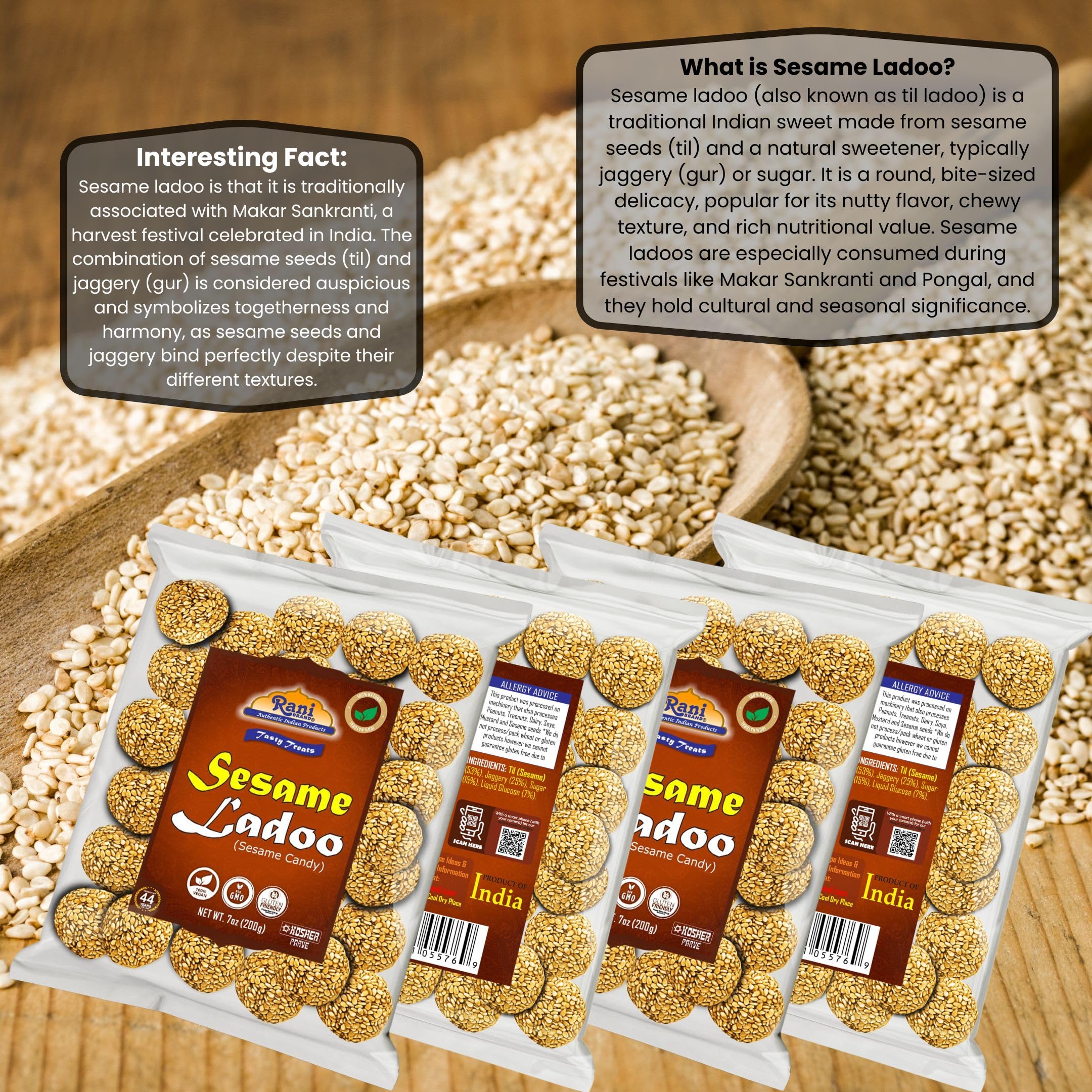 Rani Sesame Ladoo (Round Sesame Brittle Candy) 7oz (200g) {4 Sizes Available} - Image 3