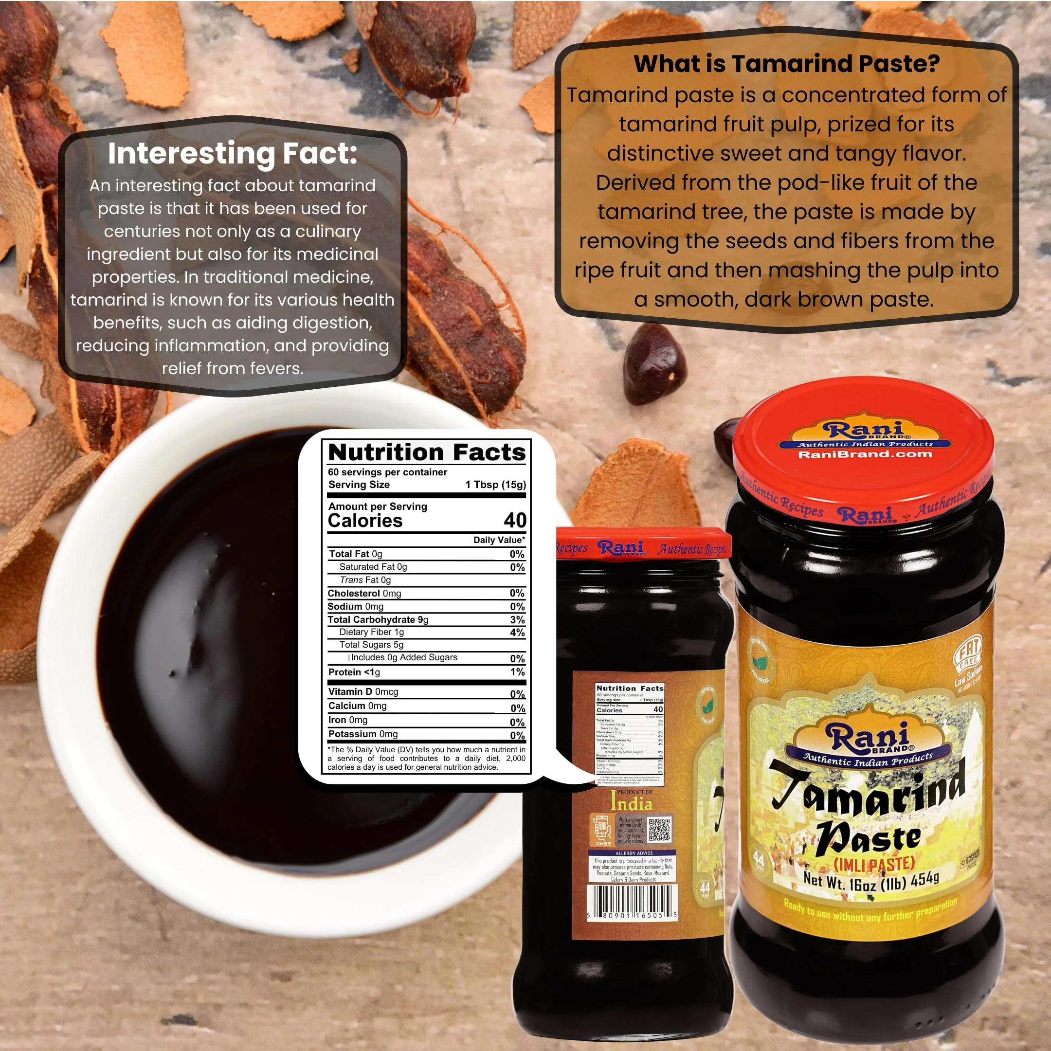 Rani Tamarind Paste Puree (Imli) 16oz (1lb) 454g Glass Jar, No added sugar ~ All Natural | Vegan | Gluten Free | No Colors | NON-GMO | Kosher | Indian Origin - Image 3