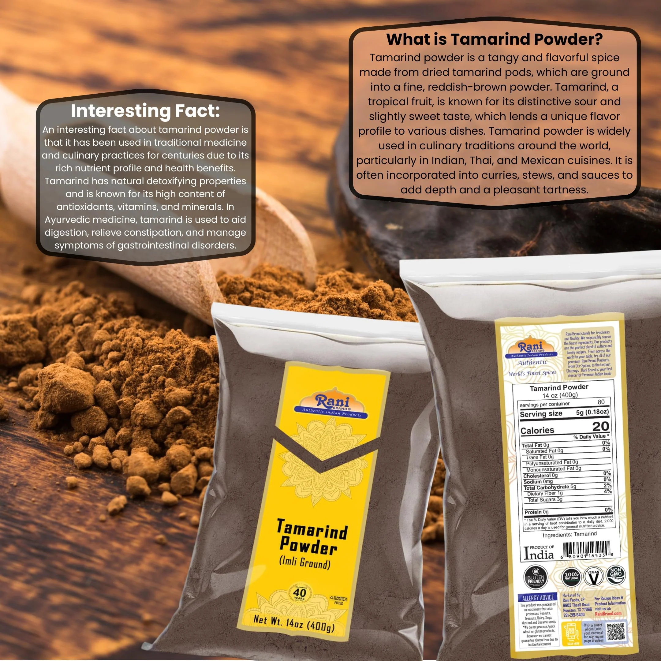 Rani Tamarind Powder (Imli) 14oz (400g) No added sugar/salt | Vegan | Gluten Free Ingredients | NON-GMO | Kosher | Indian Origin - Image 3