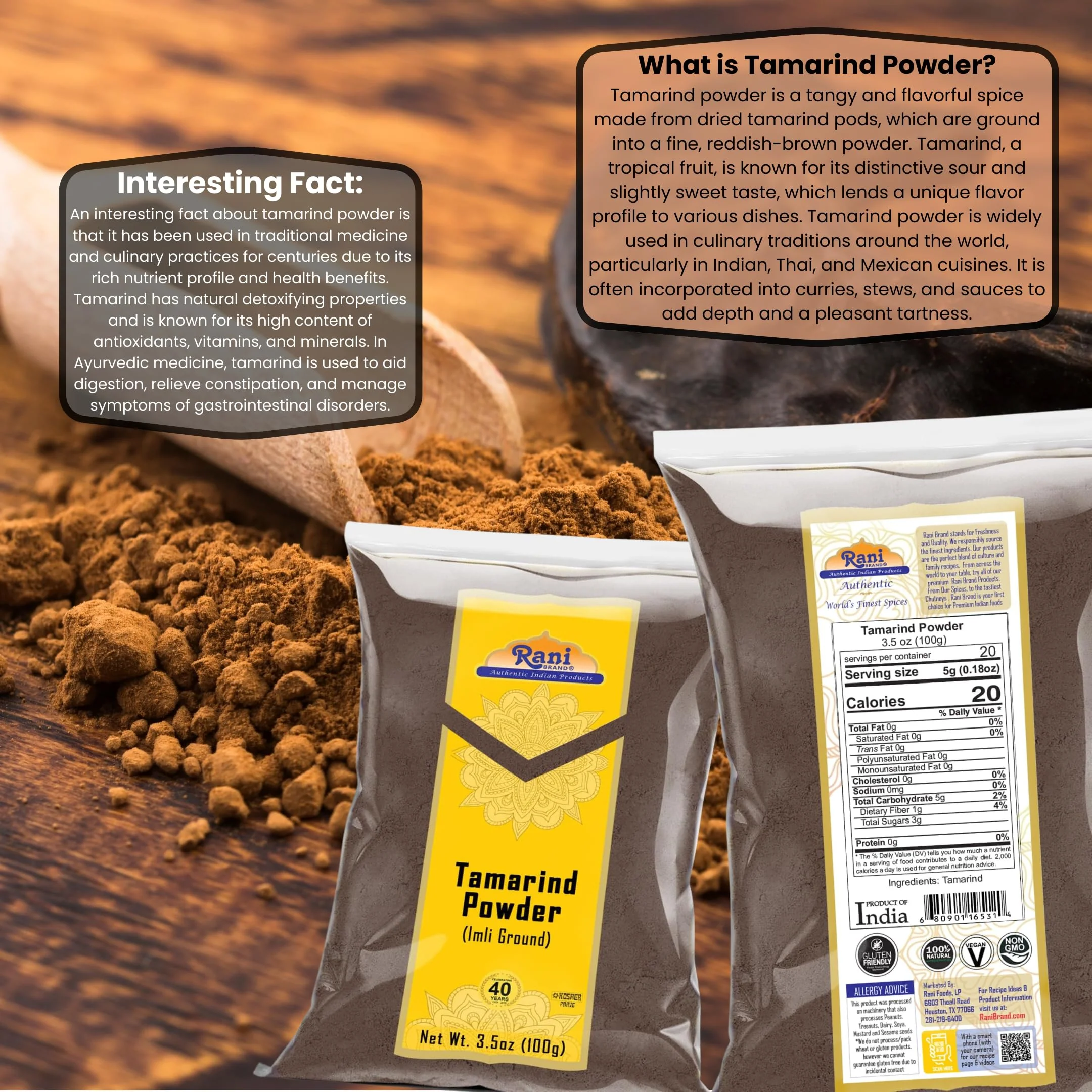 Rani Tamarind Powder (Imli) 3.5oz (100g) No added sugar/salt | Vegan | Gluten Free Ingredients | NON-GMO | Kosher | Indian Origin - Image 3